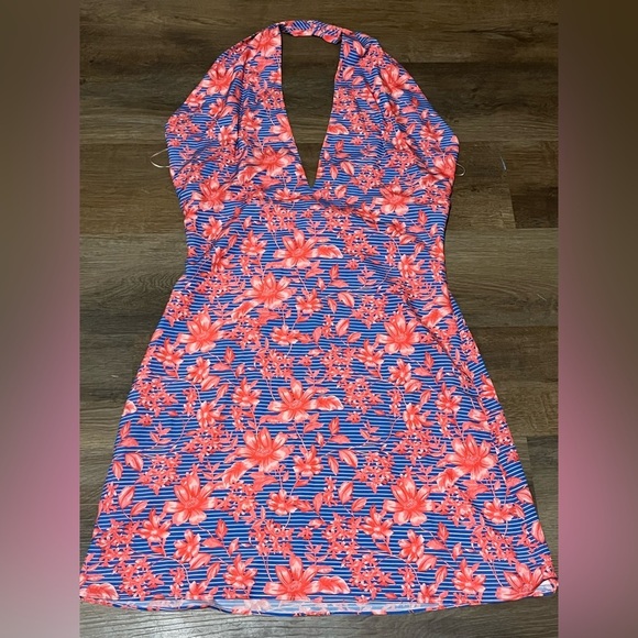 Belle Badgley Mischka Delilah Halter Dress Floral Coral and Blue Size 12 - Picture 6 of 14